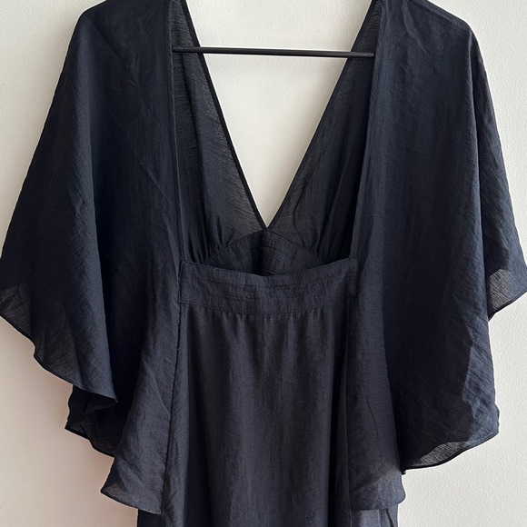roberio sampaio Black Flutter Sleeve Linen Dress, Black Beach Coverup - Picture 3 of 16